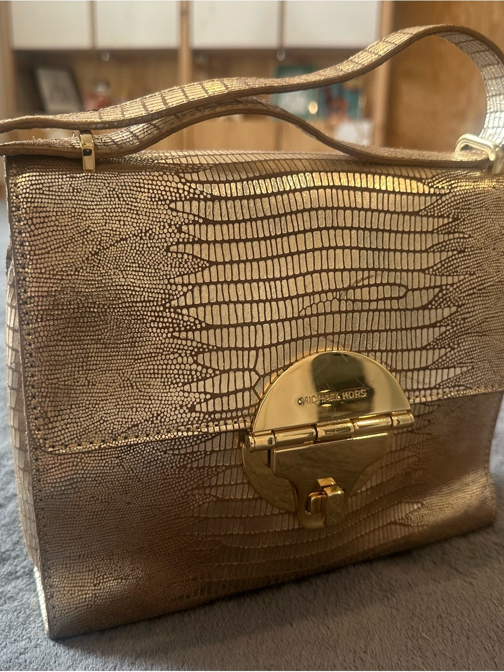 Michael Kors Metallic Gold Lizard-Embossed Shoulder Bag